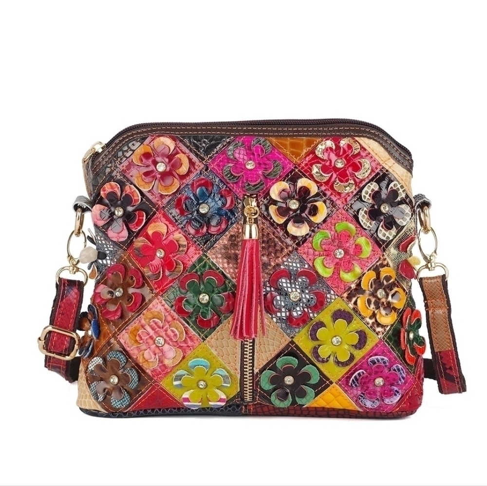 Multicolor floral decorated snake print leather Mosaic fashion bag